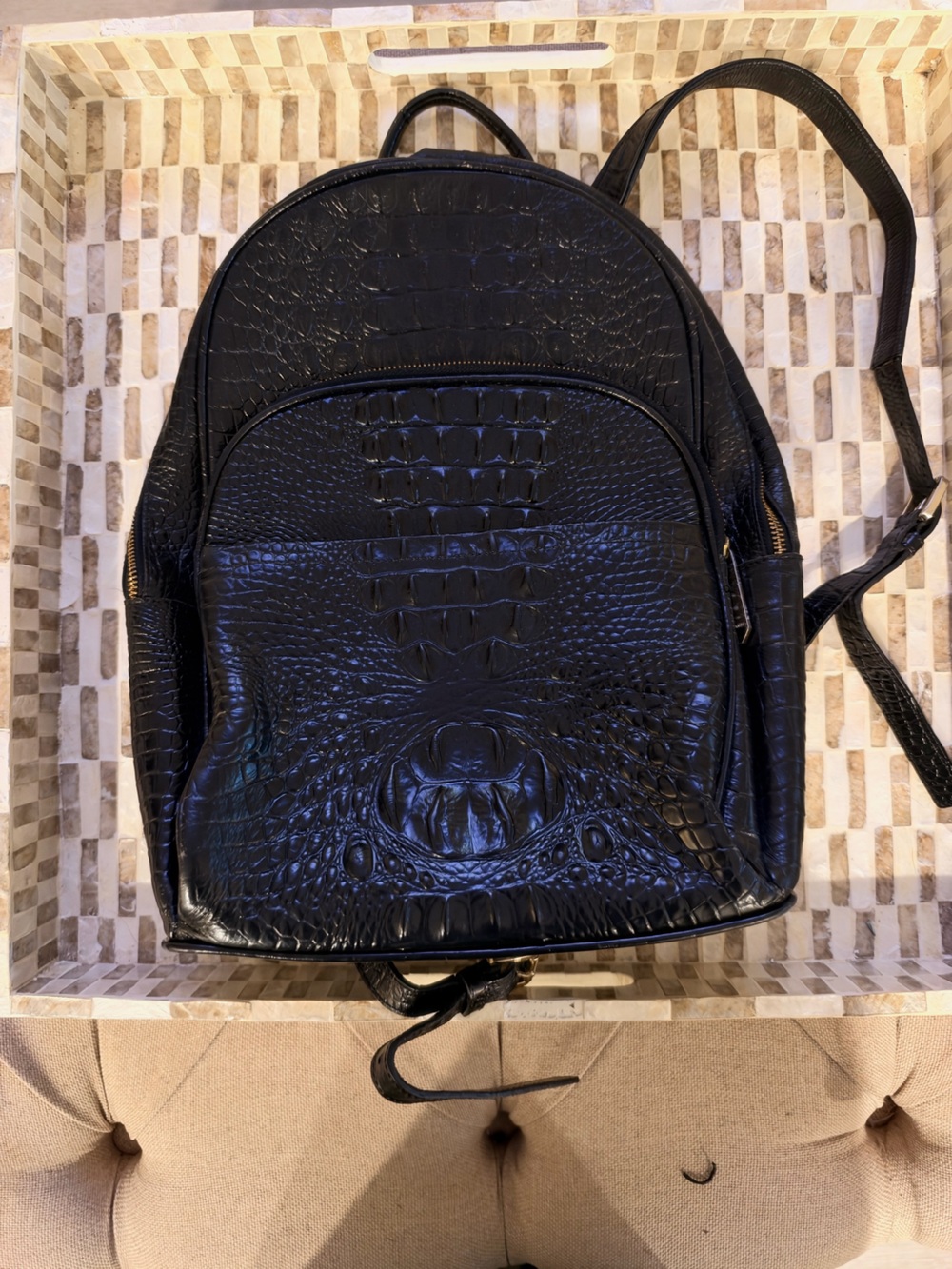 Brahmin Black Croc-Embossed Backpack with Front Zip Pocket
